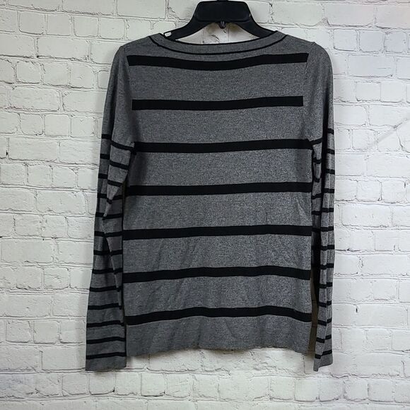 LOFT Gray & Black Striped Crew Neck Sweater Pullover Lightweight Knit Small - Picture 7 of 9